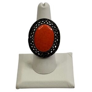 Vintage Orange Cabochon Filigree Adjustable Cocktail Ring Bronze Tone Sz 7.5 Y2K